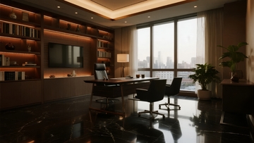 现代豪华办公室内景配有大窗户和城市景观