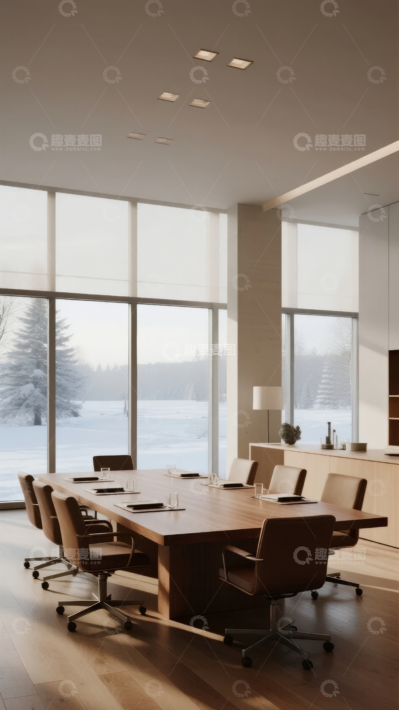 高清大图下载【趣麦麦图】现代会议室窗外雪景明亮宽敞