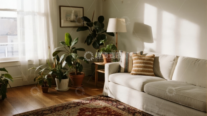 高清大图下载【趣麦麦图】阳光洒落的客厅角落摆放着沙发和绿植