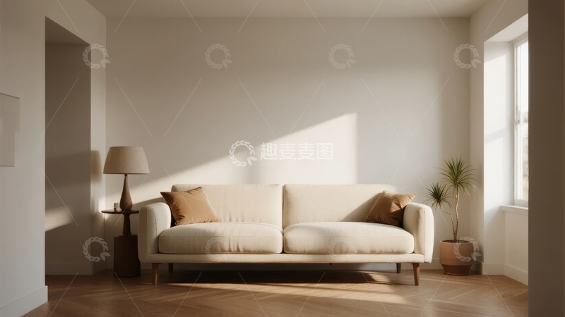 高清大图下载【趣麦麦图】简约风格客厅内阳光洒在米色沙发上的温馨场景