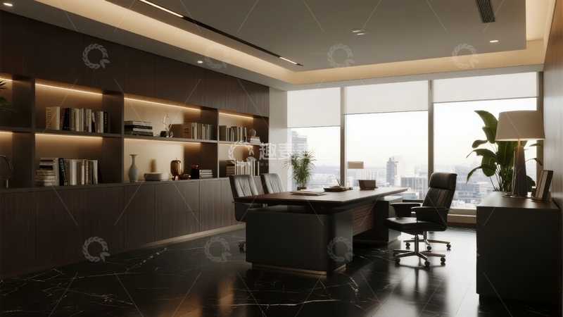 现代豪华办公室内景配有大型会议桌和落地窗