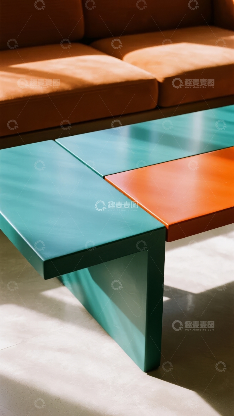高清大图下载【趣麦麦图】现代客厅中橙色沙发与彩色拼接茶几的简约组合