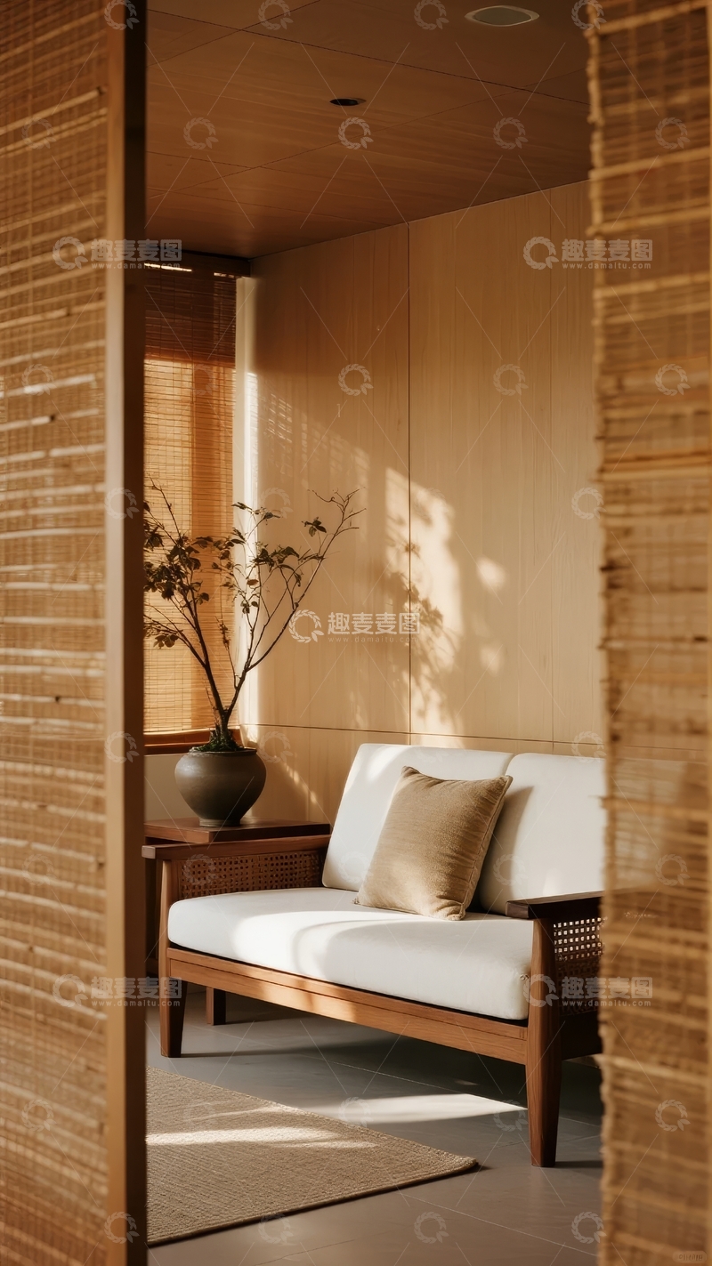 高清大图下载【趣麦麦图】现代简约风格室内空间展示木质屏风与舒适沙发