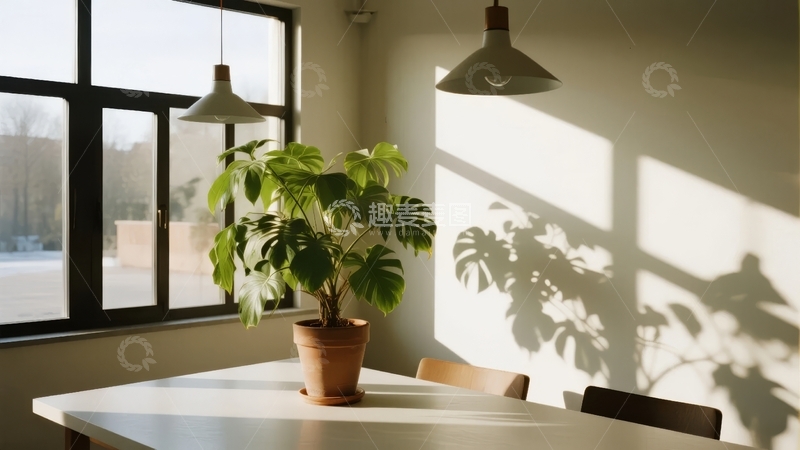 高清大图下载【趣麦麦图】阳光透过窗户洒在餐桌上的绿植和墙壁上