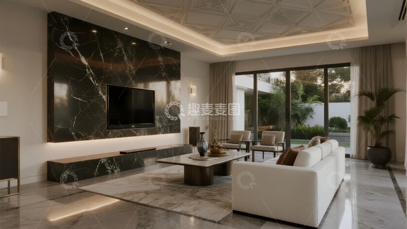 高清大图下载【趣麦麦图】现代简约风格客厅设计配有大理石地板和大型电视墙