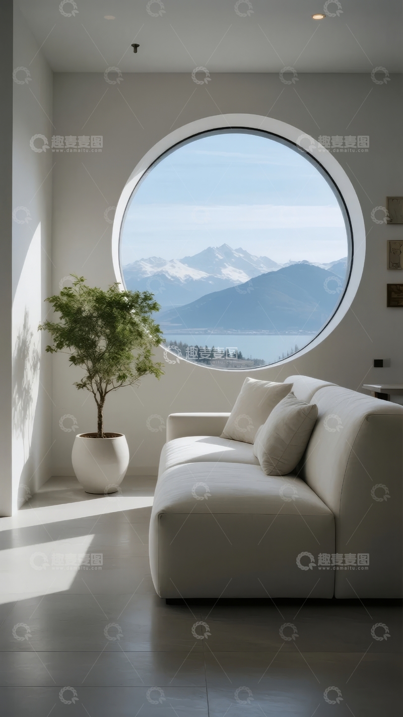 高清大图下载【趣麦麦图】现代室内圆形大窗景观沙发区