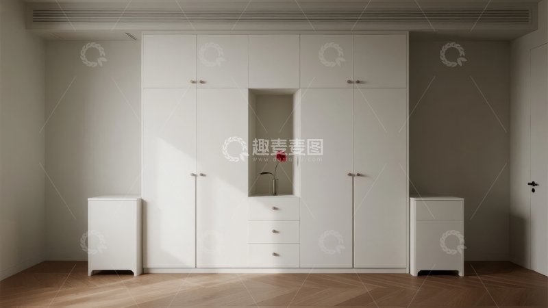 高清大图下载【趣麦麦图】现代简约风格白色衣柜与装饰花瓶的室内场景