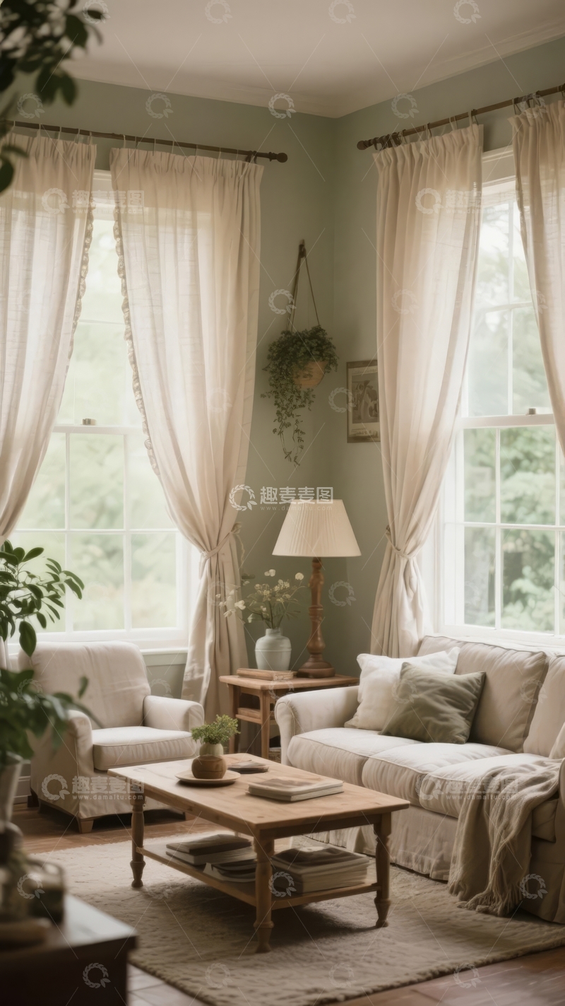 高清大图下载【趣麦麦图】温馨客厅布置窗边垂帘与舒适家具营造宁静氛围