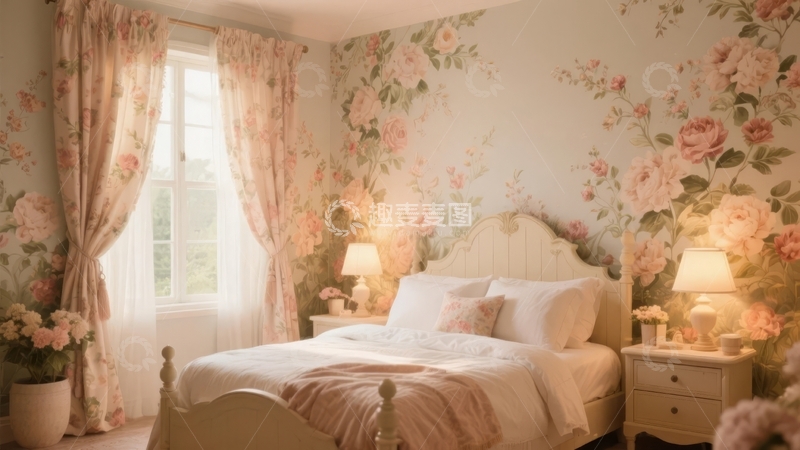 高清大图下载【趣麦麦图】温馨卧室布置以花卉墙纸和柔和灯光为主