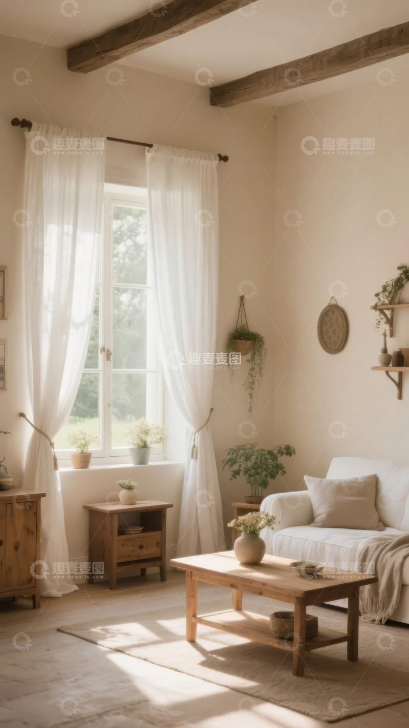 高清大图下载【趣麦麦图】温馨简约客厅阳光透过窗户洒在木质家具和白色沙发