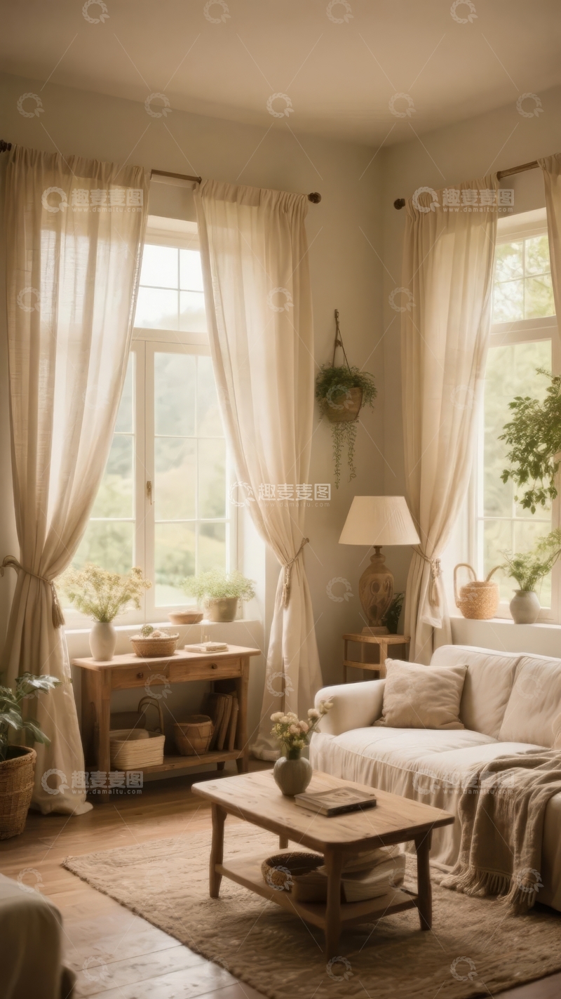 高清大图下载【趣麦麦图】温馨田园风格客厅布置窗边绿植与柔和窗帘