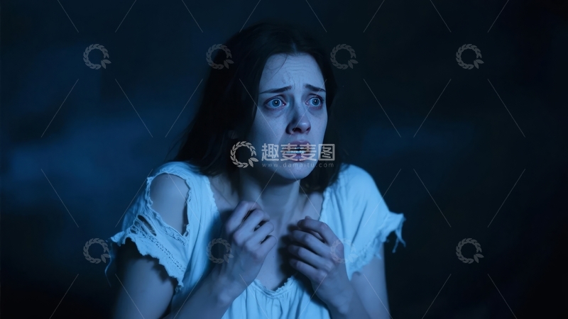 女子在昏暗蓝光中表现出惊恐与无助