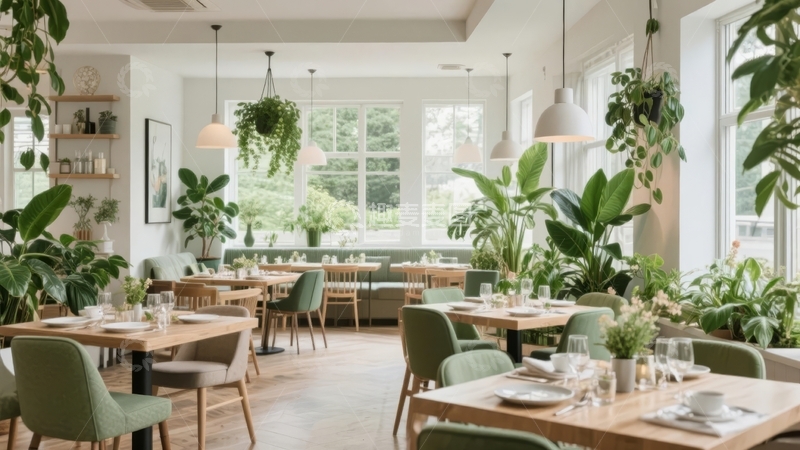 高清大图下载【趣麦麦图】明亮餐厅内绿植环绕餐桌整齐摆放