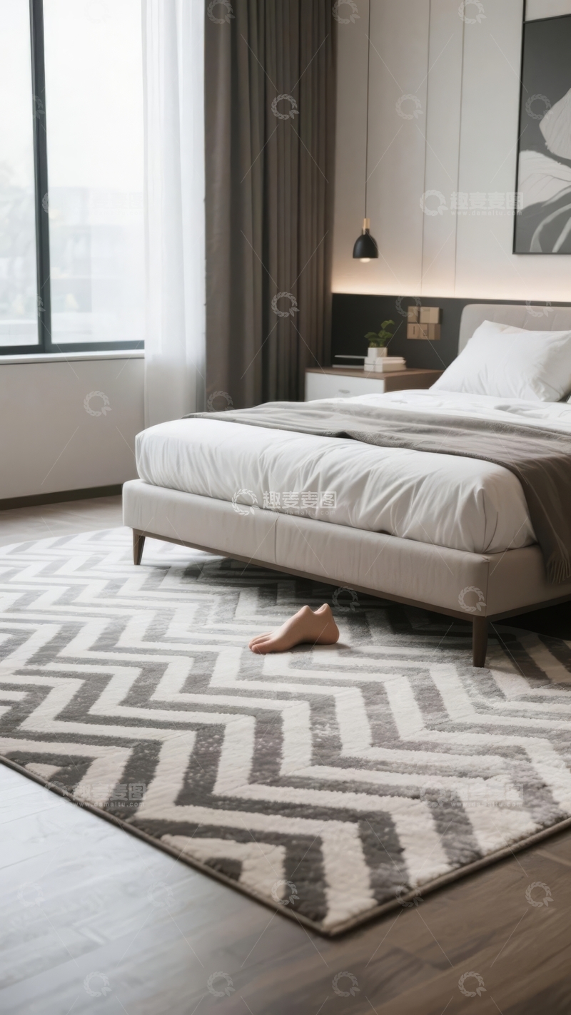 高清大图下载【趣麦麦图】现代简约风格卧室床铺整洁窗边光线充足