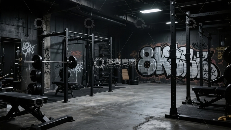 高清大图下载【趣麦麦图】工业风健身房内器械排列整齐墙面涂鸦艺术