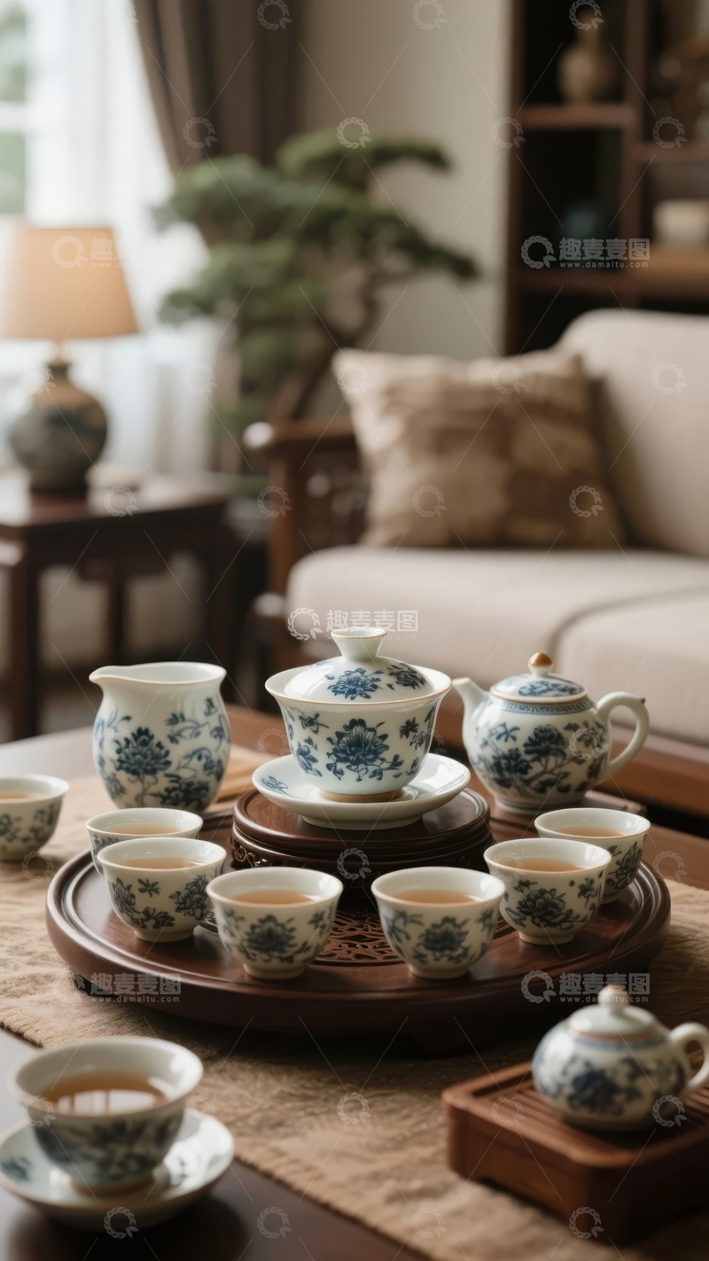 高清大图下载【趣麦麦图】中式茶具摆放在客厅茶几上营造温馨氛围