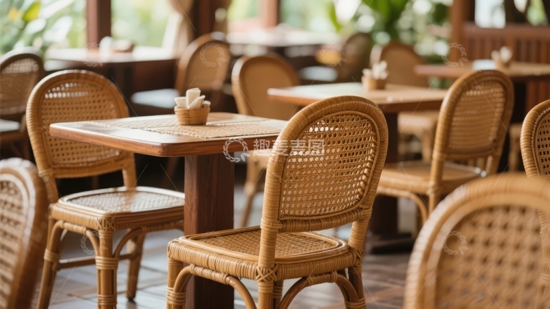 高清大图下载【趣麦麦图】室内餐厅摆放着藤编桌椅和装饰品