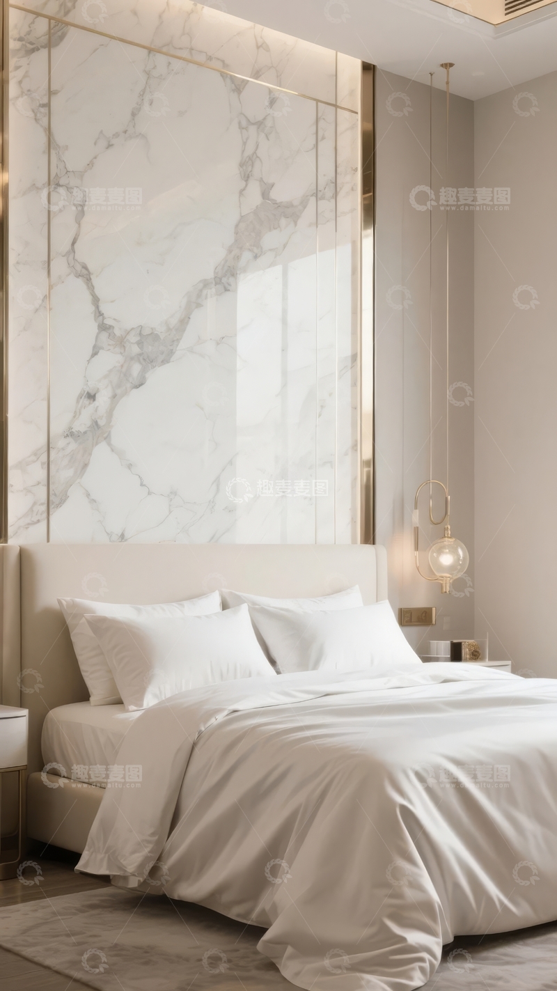 高清大图下载【趣麦麦图】现代简约风格卧室以大理石墙和柔和灯光营造温馨氛围