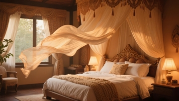 温馨卧室中飘逸的床幔与柔和灯光
