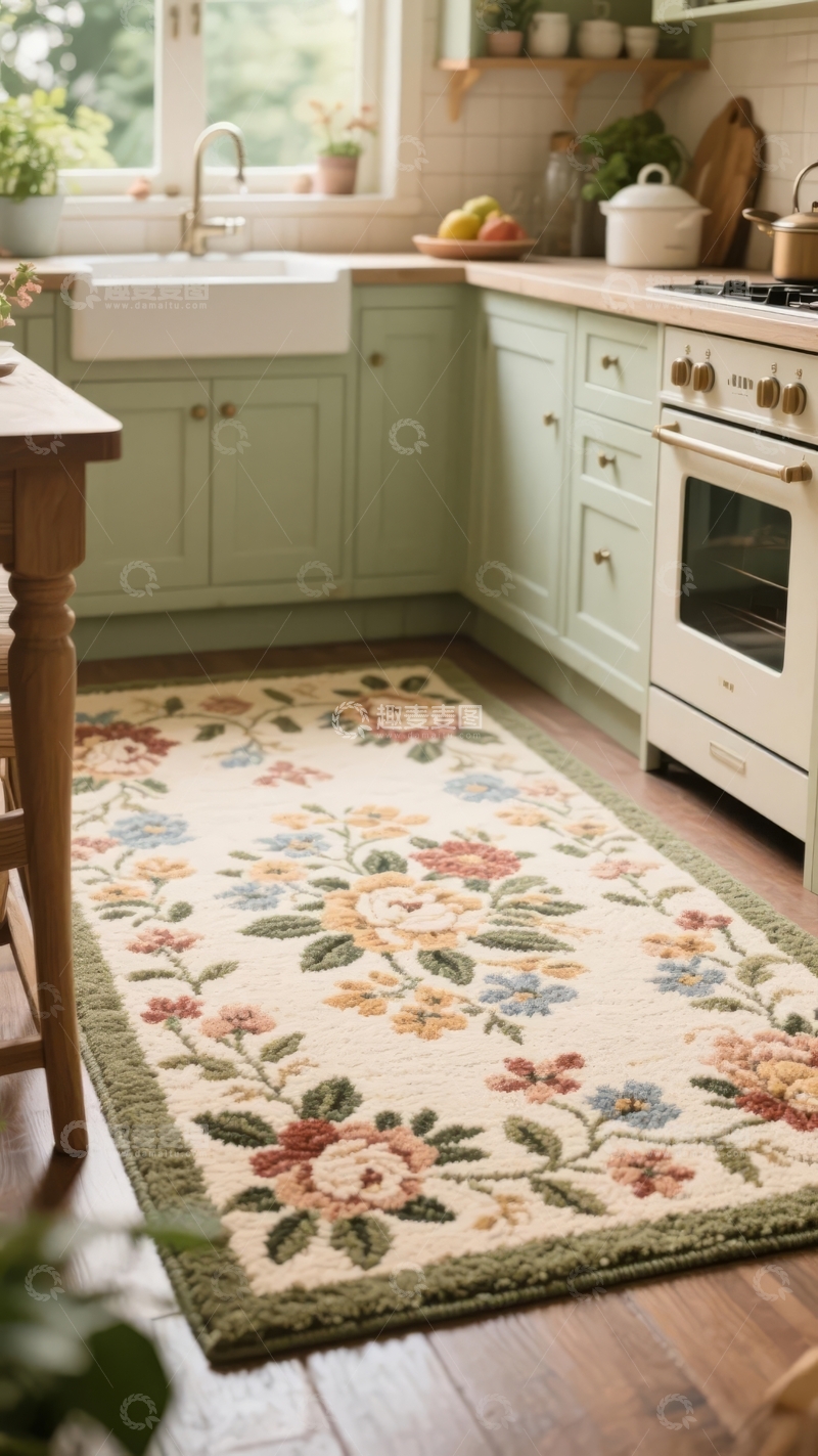 高清大图下载【趣麦麦图】田园风格厨房铺有花卉图案地毯