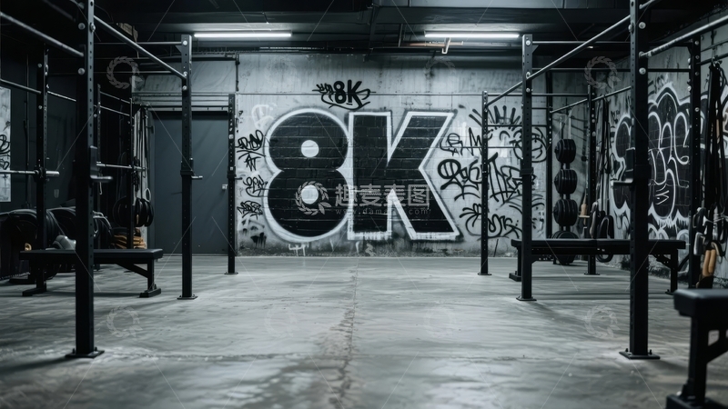 高清大图下载【趣麦麦图】带有涂鸦墙的空旷健身房内部场景
