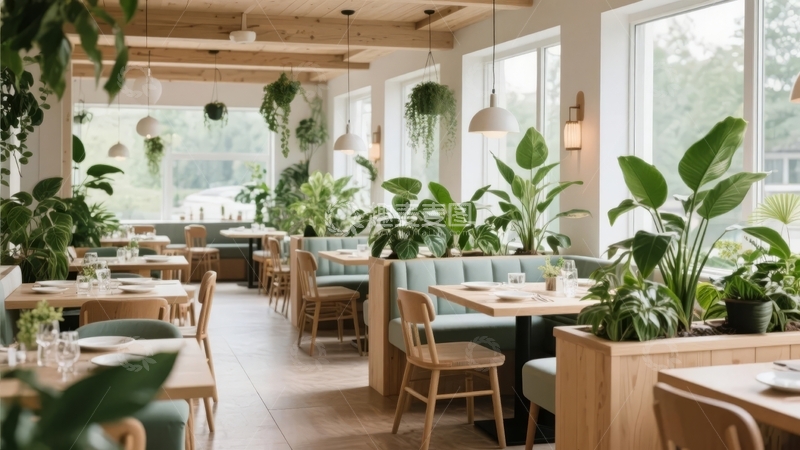 高清大图下载【趣麦麦图】明亮餐厅内绿植环绕木质桌椅排列整齐