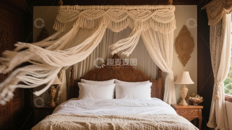 高清大图下载【趣麦麦图】装饰华丽的卧室配有精致的床幔和古典家具