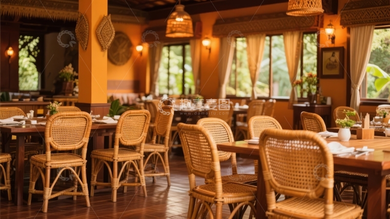 高清大图下载【趣麦麦图】温馨餐厅内摆放着藤编桌椅窗外绿意盎然