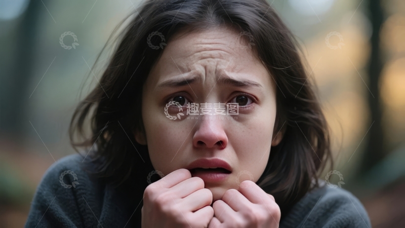 女子在户外森林中双手紧握表情担忧