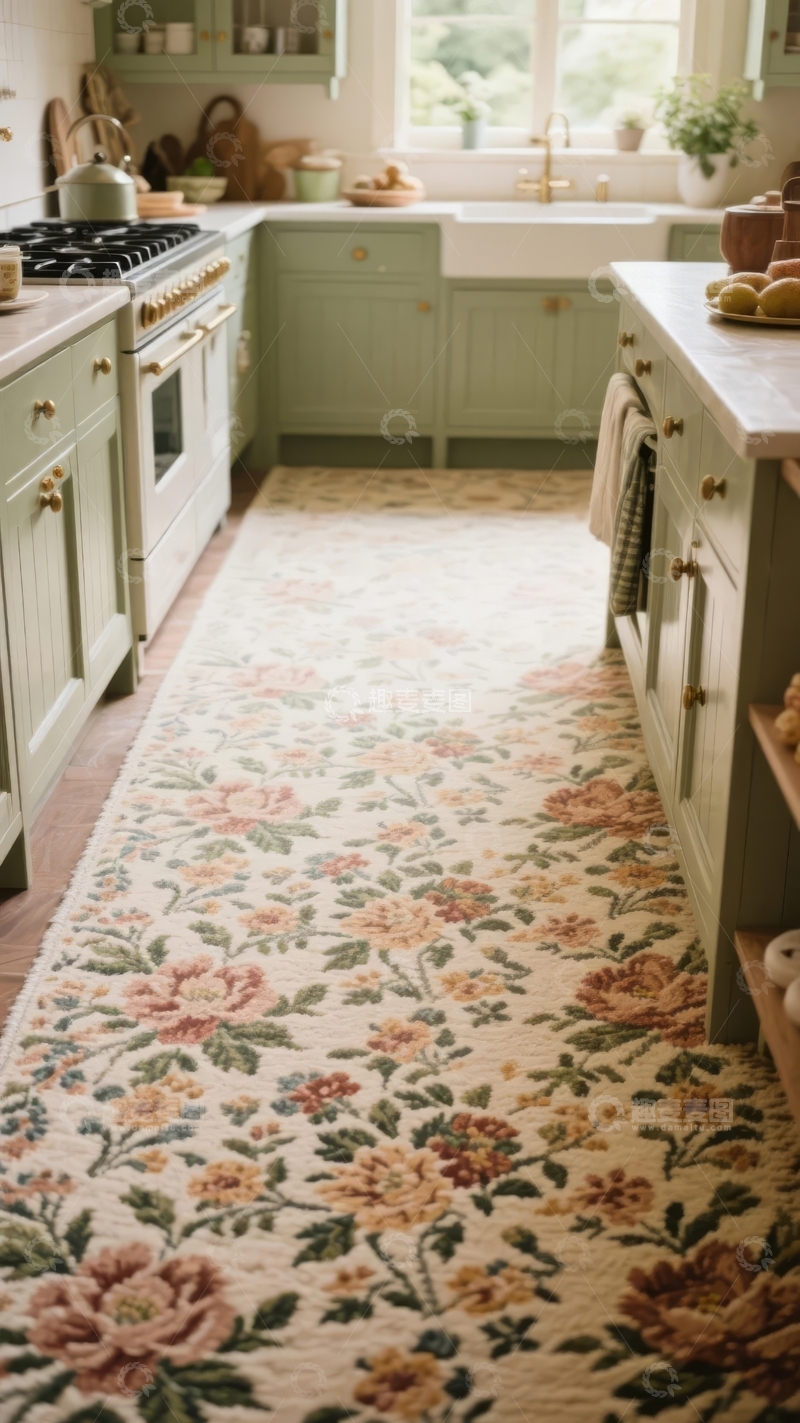 高清大图下载【趣麦麦图】复古风格厨房铺有花卉图案地毯