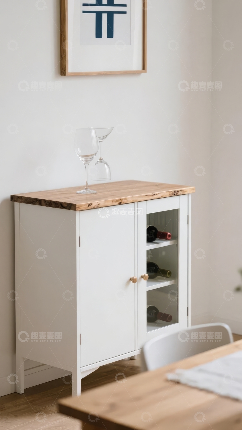 高清大图下载【趣麦麦图】简约风格餐厅角落摆放着白色柜子和木质餐桌