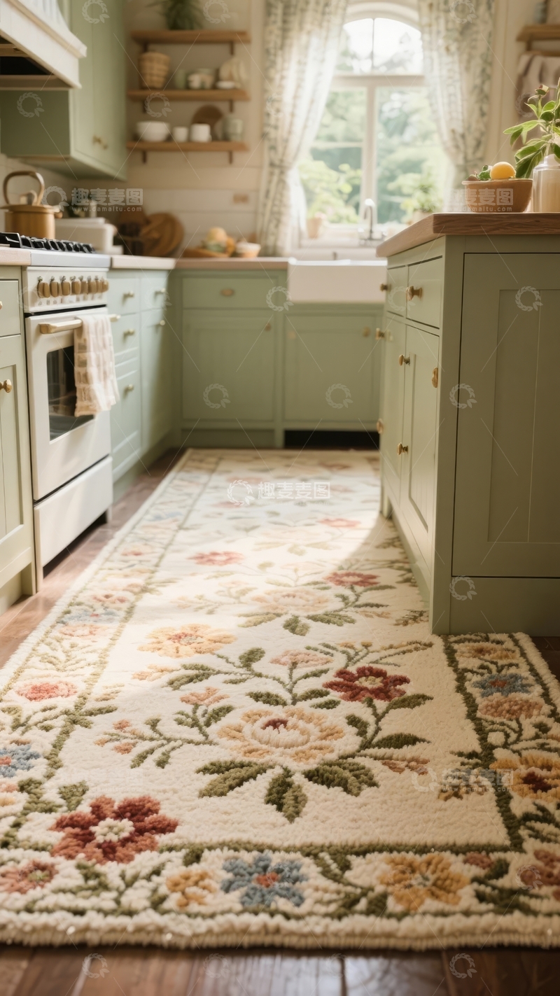 高清大图下载【趣麦麦图】田园风格厨房铺有花卉图案地毯