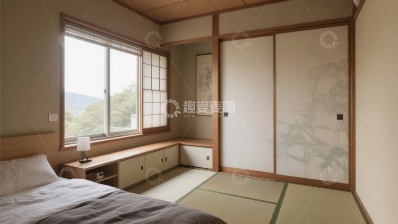 高清大图下载【趣麦麦图】日式风格卧室展示传统榻榻米与木质推拉门设计
