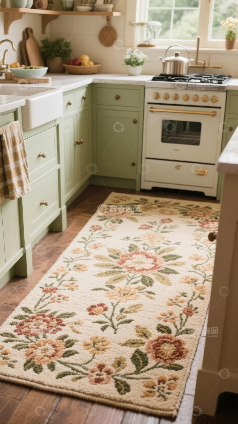 高清大图下载【趣麦麦图】温馨厨房铺着花卉图案地毯