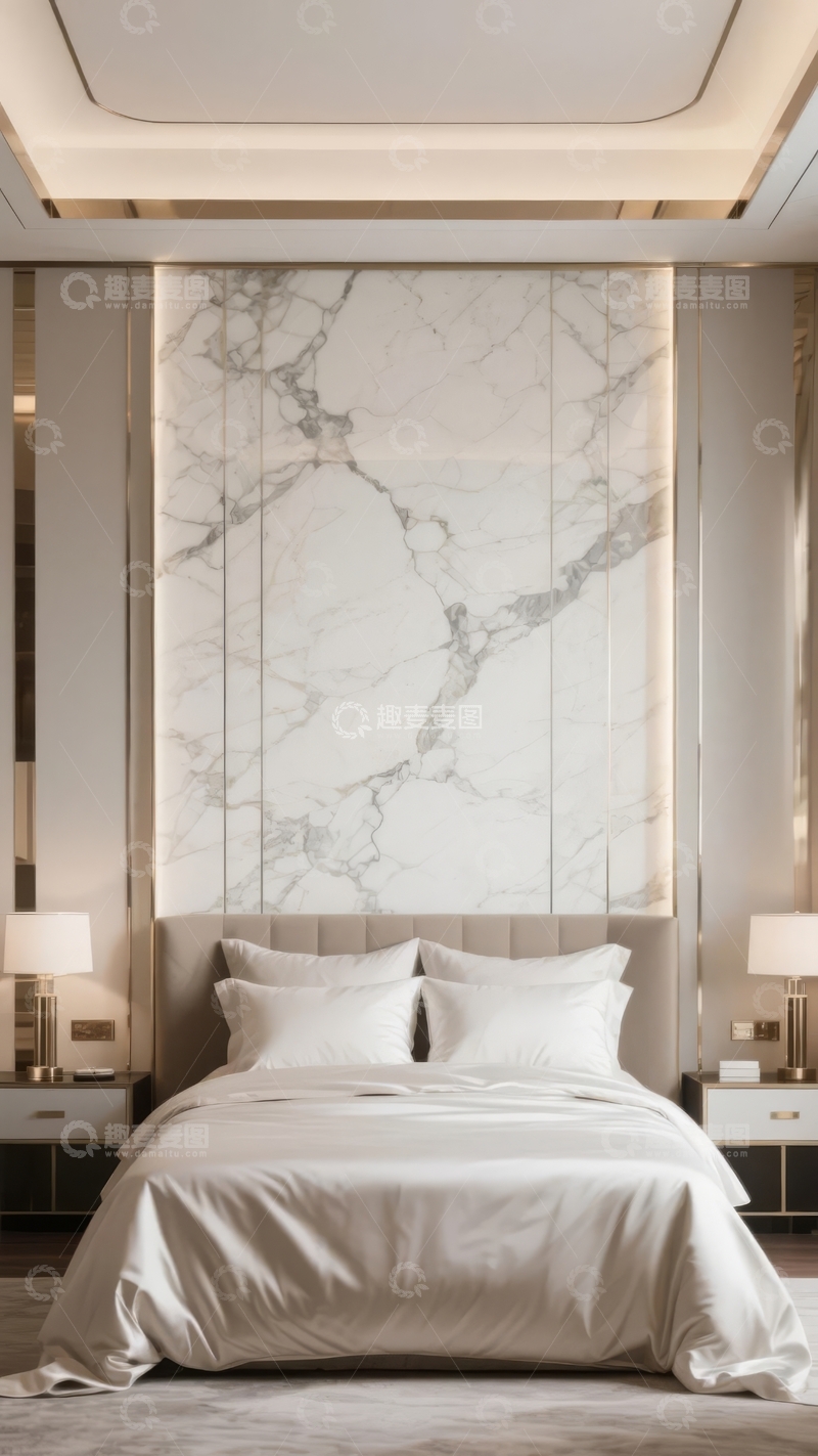 高清大图下载【趣麦麦图】现代简约风格卧室以大理石墙和柔和灯光为特色
