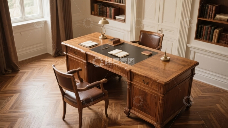 高清大图下载【趣麦麦图】古典风格书房内摆放着木质办公桌和书架