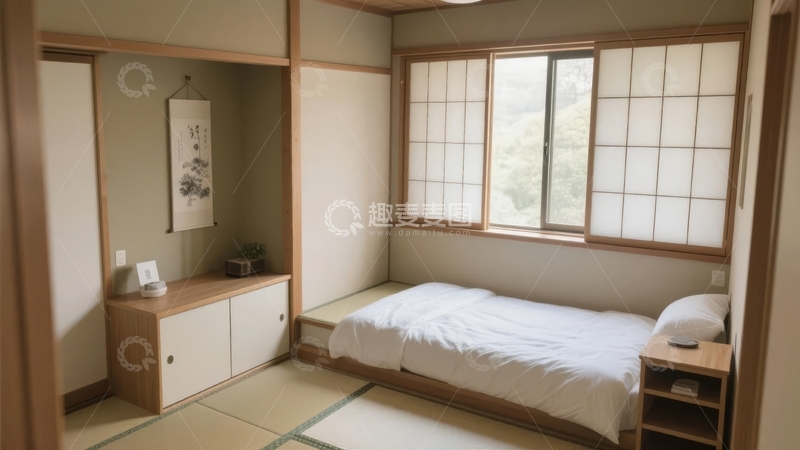 高清大图下载【趣麦麦图】日式风格简约卧室配有榻榻米床和木质家具