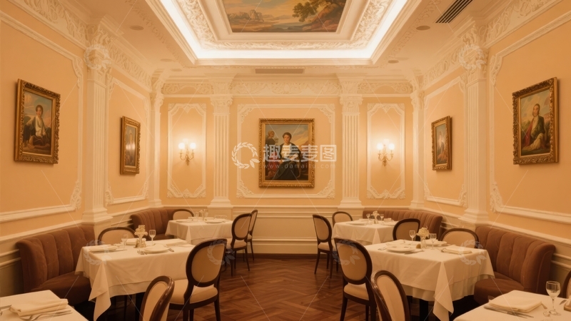 高清大图下载【趣麦麦图】豪华餐厅内部装潢典雅餐桌整齐排列