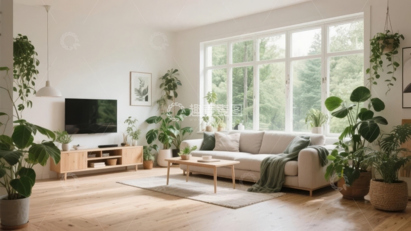 高清大图下载【趣麦麦图】明亮客厅内摆放着沙发绿植和木质家具