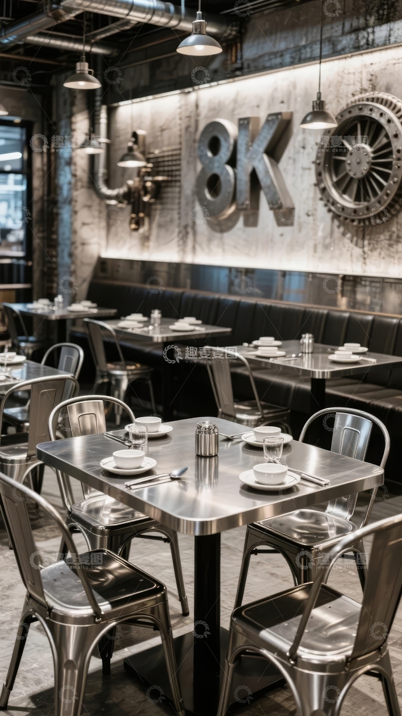 高清大图下载【趣麦麦图】工业风餐厅内部装饰以金属质感和复古机械元素为主