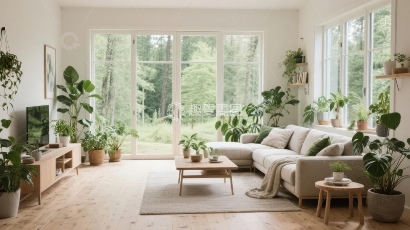 高清大图下载【趣麦麦图】明亮客厅内绿植环绕自然光线充足