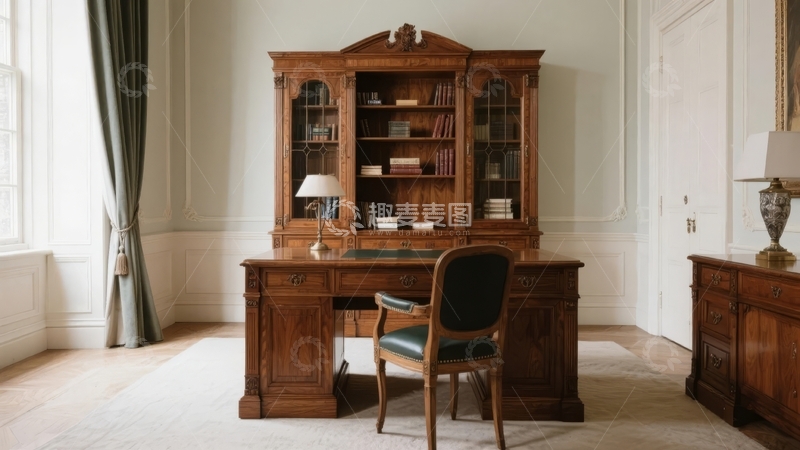 高清大图下载【趣麦麦图】古典风格书房内摆放着木质书桌与书柜