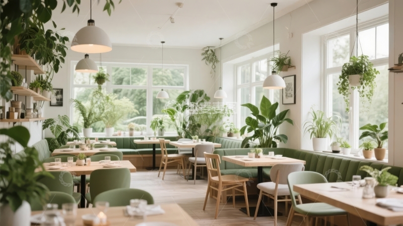 高清大图下载【趣麦麦图】明亮餐厅内绿植环绕木质桌椅摆放整齐