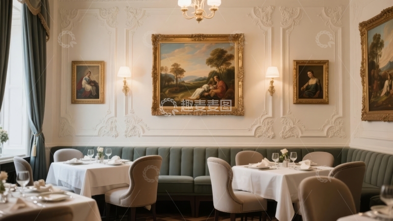 高清大图下载【趣麦麦图】典雅餐厅内摆放着古典油画与精致餐桌布置