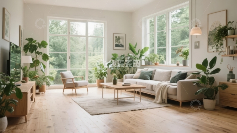 高清大图下载【趣麦麦图】明亮宽敞的现代客厅装饰有绿植和简约家具