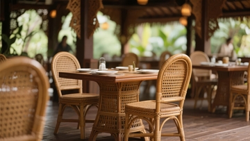 户外餐厅摆放着藤编桌椅和餐具