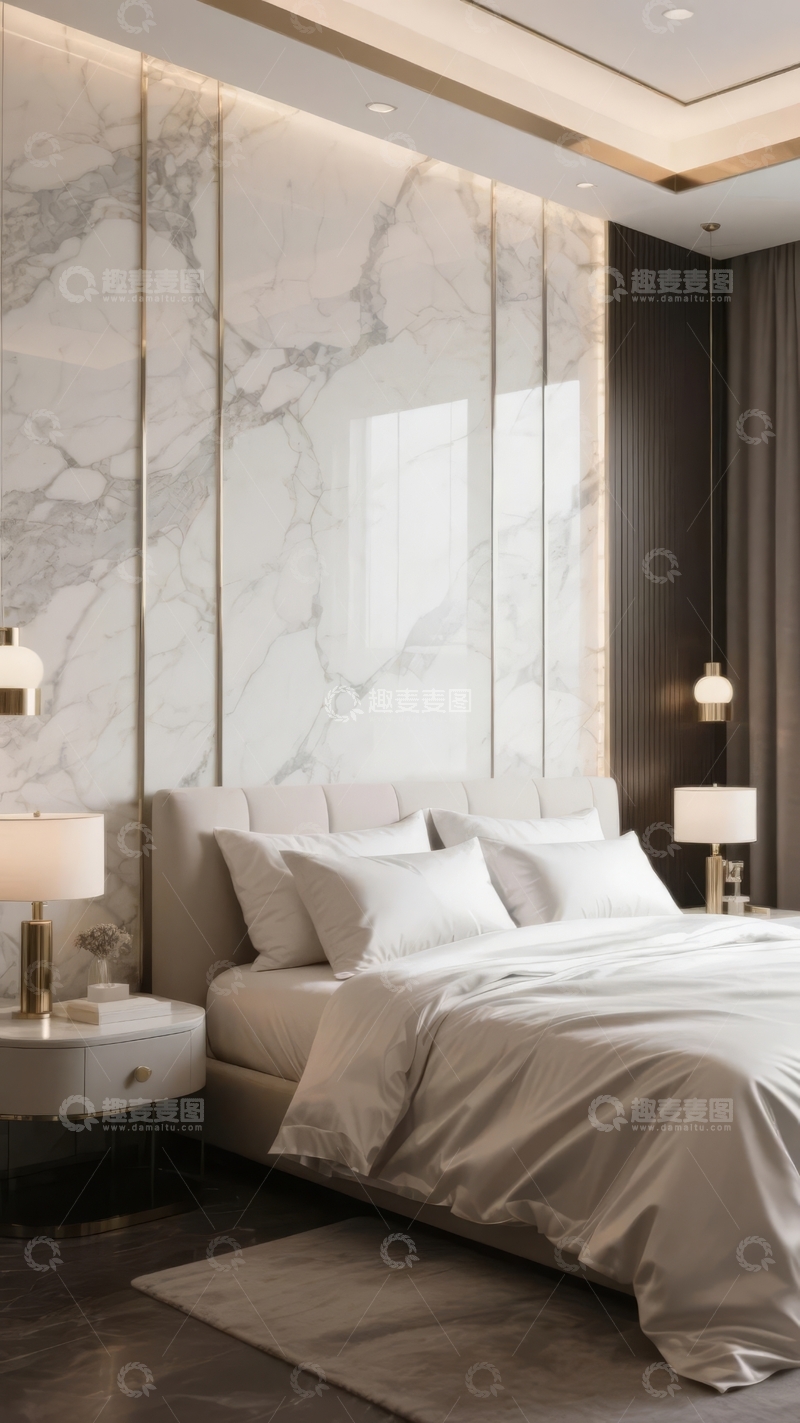 高清大图下载【趣麦麦图】现代卧室大理石墙面设计简约优雅