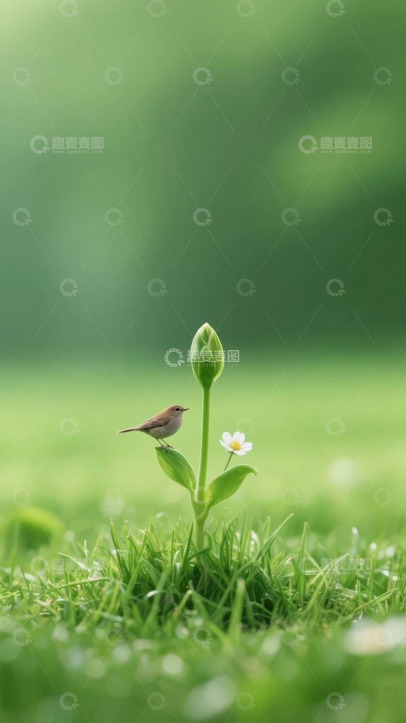 高清大图下载【趣麦麦图】小鸟栖息于绿草间白色小花旁