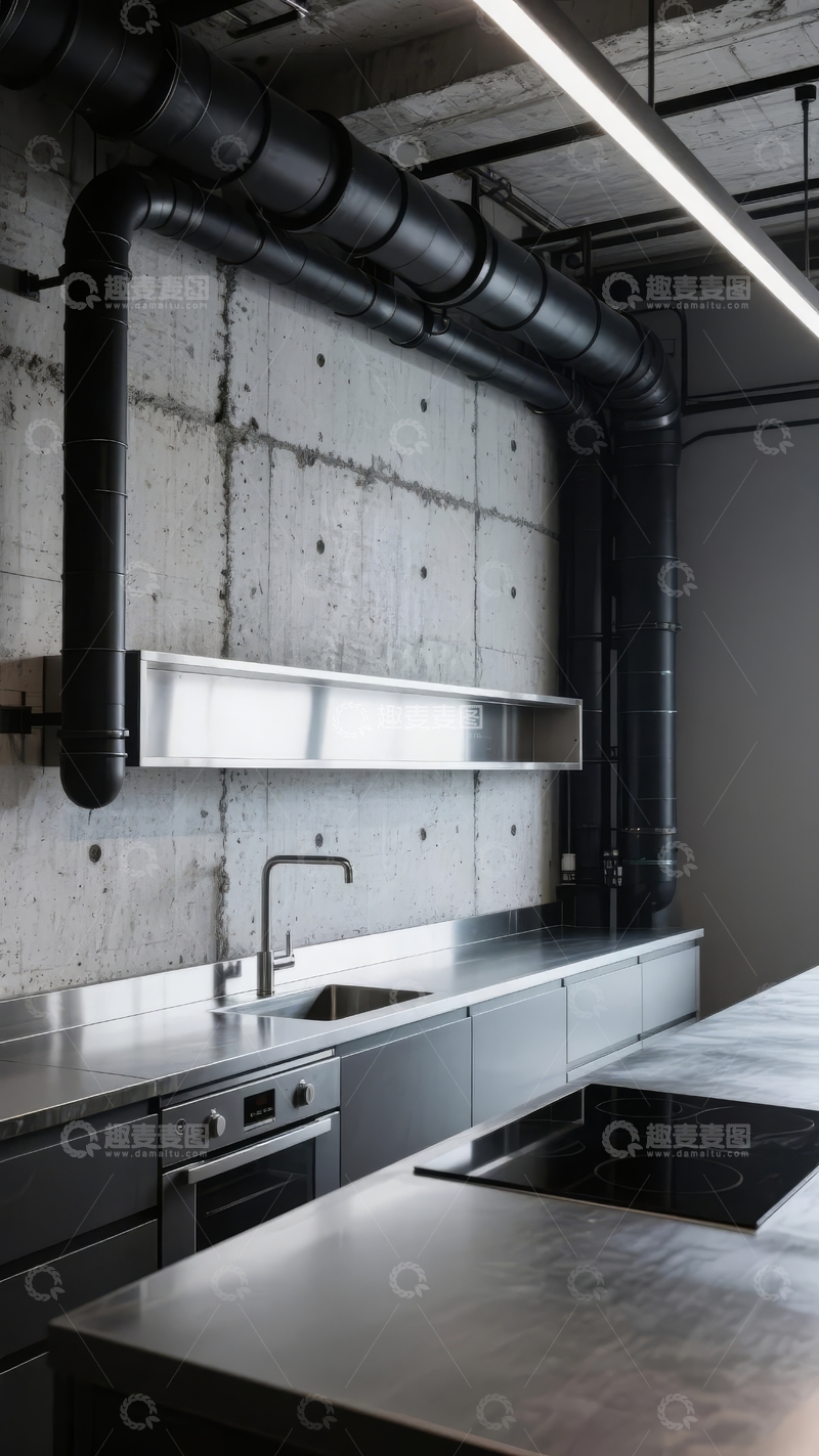 高清大图下载【趣麦麦图】工业风格厨房展示混凝土墙与黑色管道设计