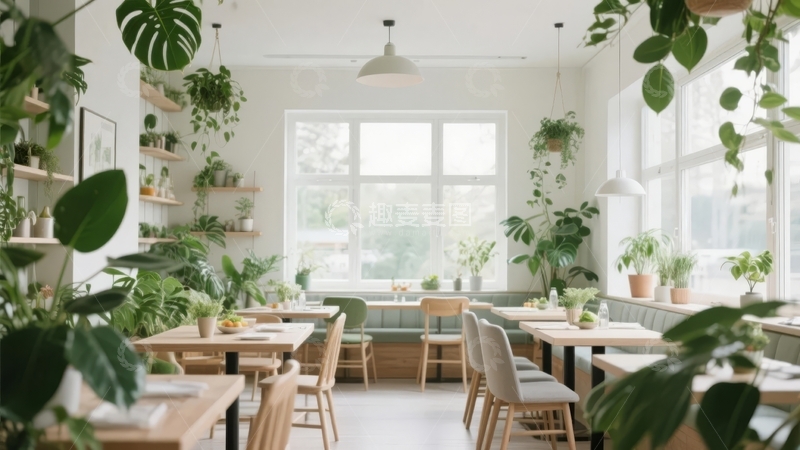 高清大图下载【趣麦麦图】明亮室内餐厅摆放着绿植和木质桌椅